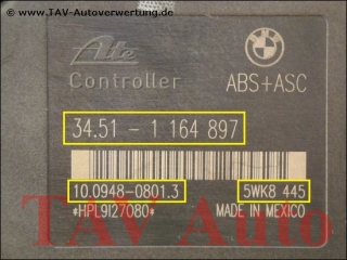ABS+ASC Hydraulikblock BMW 34.51-1164896 34.51-1164897 Ate 10.0204-0061.4 10.0948-0801.3 5WK8445